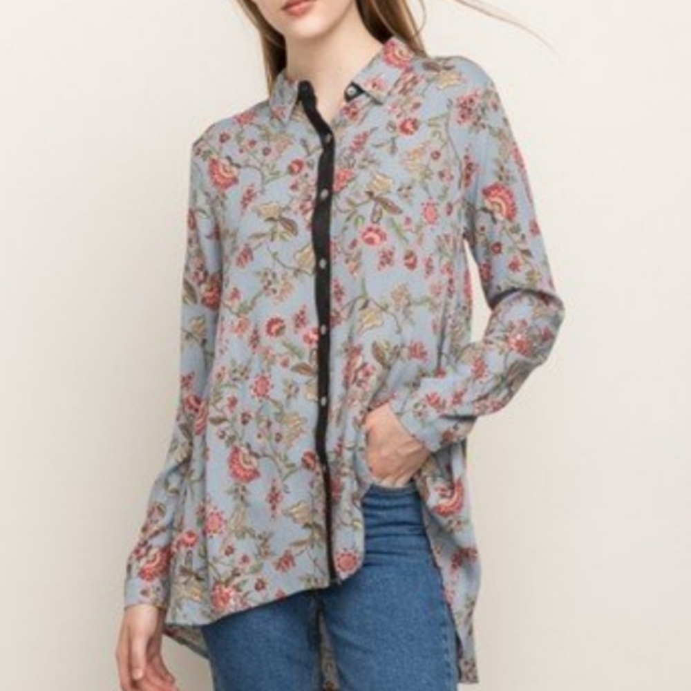 Button Back Long Lightweight Blue Mystree Shirt M